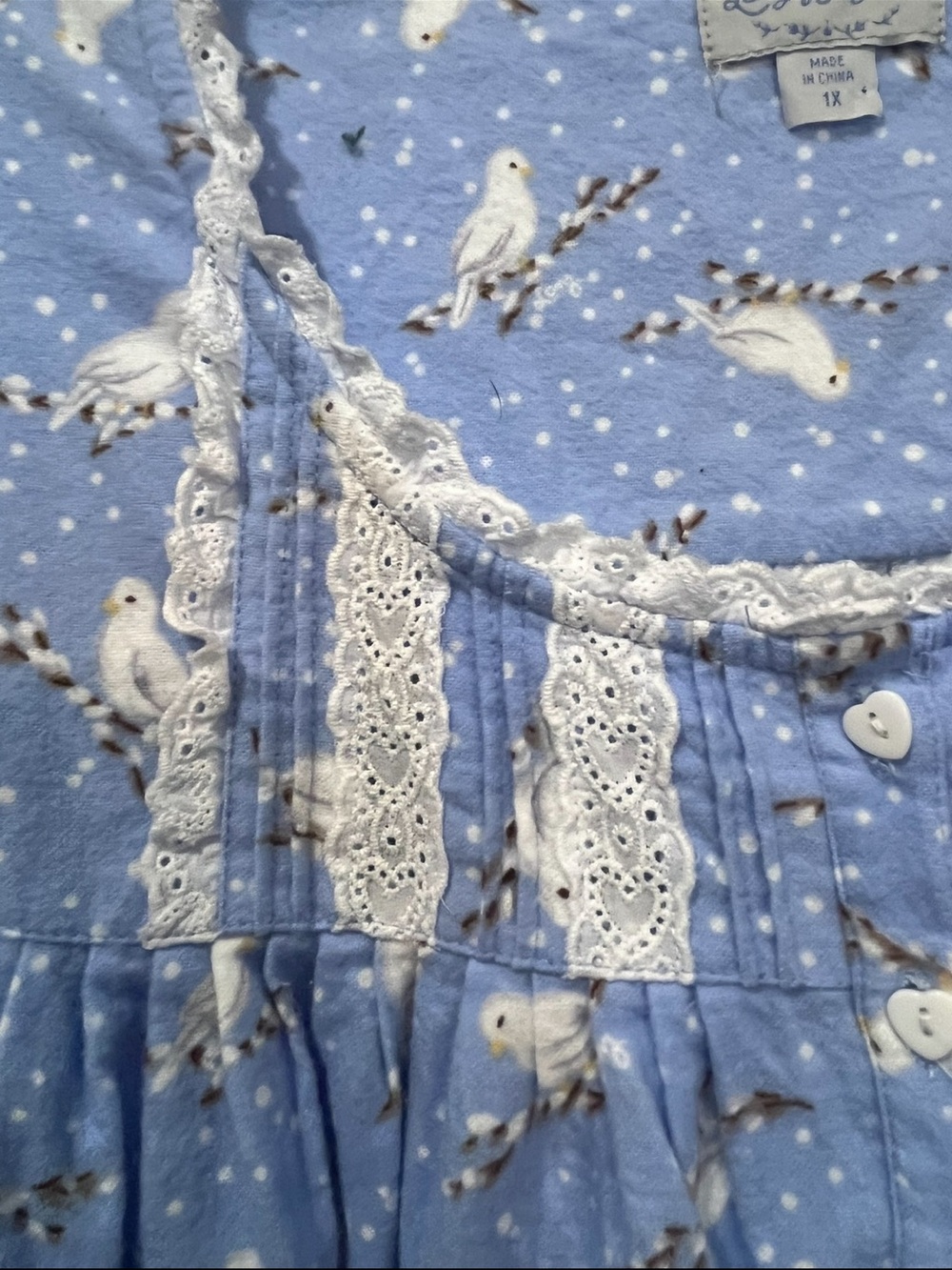 Lanz of Salzburg Light Blue snowy Dove Print flannel Nightgown with Lace Trim. - Picture 3 of 9